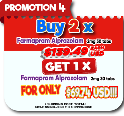 PROMOTION #4:Buy 2 x Farmapram Alprazolam 2 mg 30 tabs $139.49 USD.- Get 1 x Farmapram Alprazolam 2 mg 30 tabs for only $69.74 USD!!!